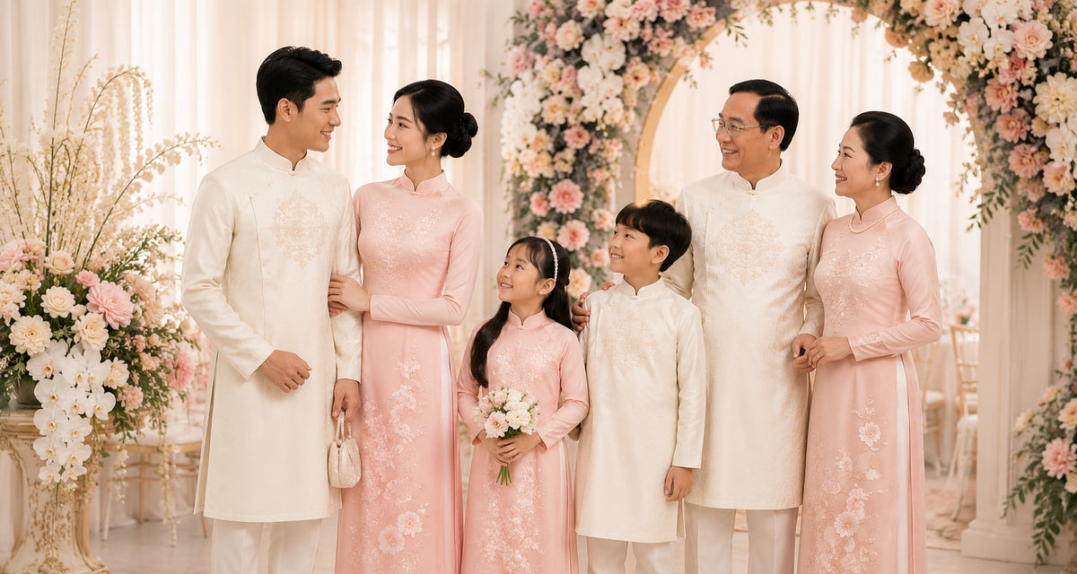 Cả gia đình mặc áo dài cưới hồng phấn và kem trước cổng hoa — cô dâu chú rể, ba mẹ và hai bé